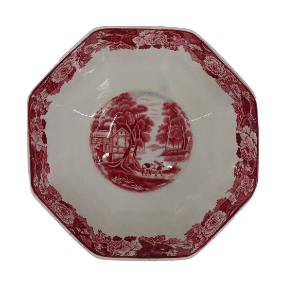 Enoch Woods English Scenery 6.9in Floral Countryside Woodsware Red Bowl England - Picture 1 of 12